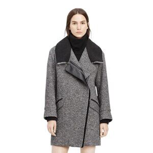 Vince Shawl Collar Asymmetrical Zip Wool Blend Lambskin Trim Tweed Coat Sz L